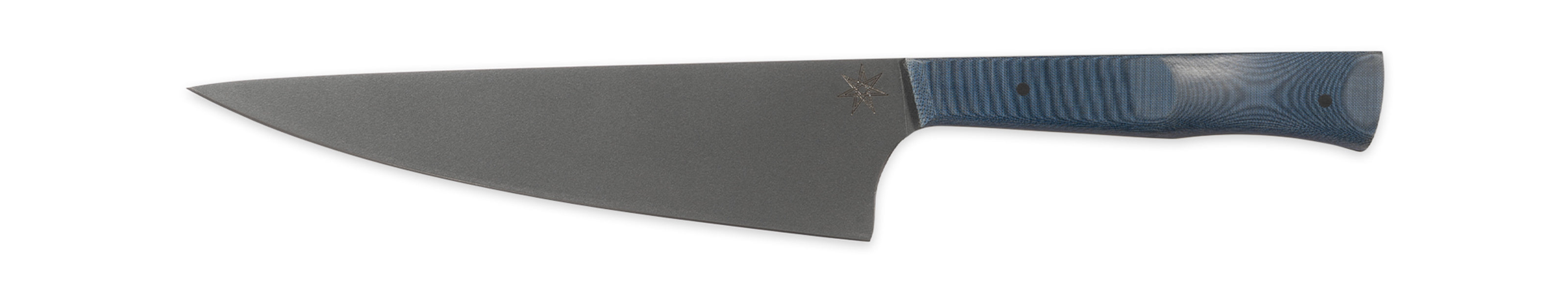 Stainless steel eXo Blue 7" chef knife with blue linen micarta handle by Town Cutler. 