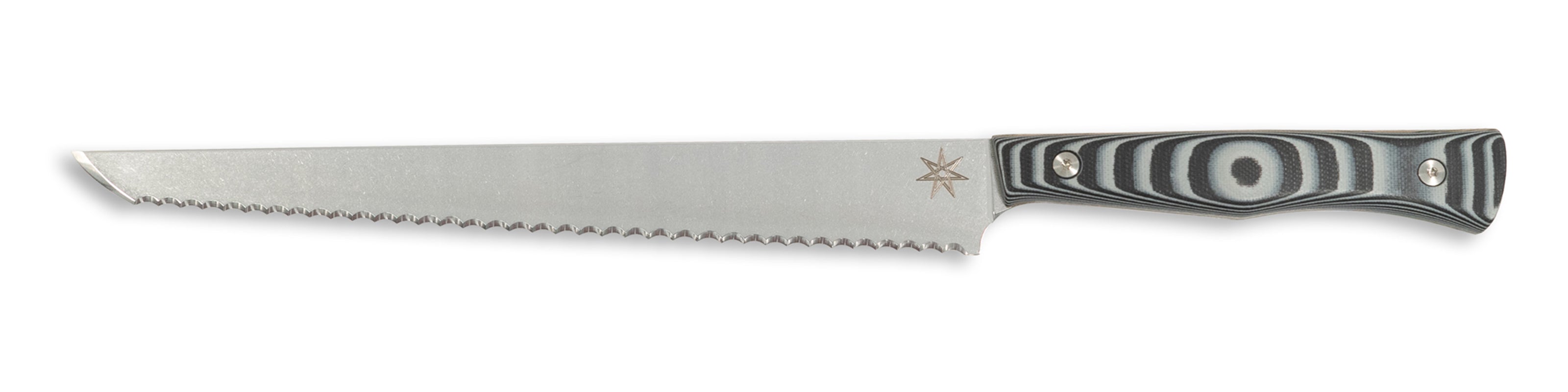Town Cutler Culinary 2.0 bread knife with black and gray layered g-10 handle and stainless steel blade.
