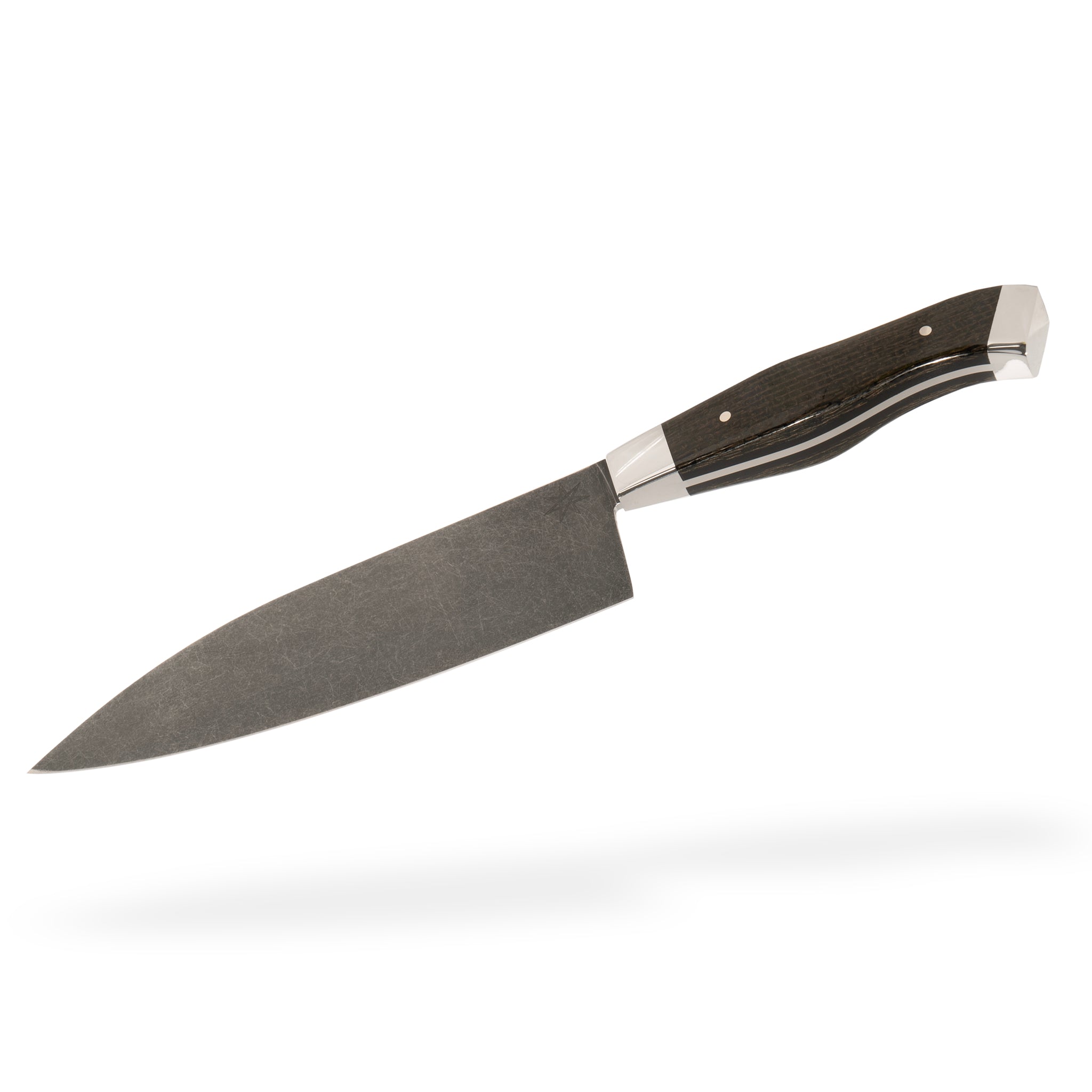 Detail photo of 7" Carbon Steel Chef Knife with Stonewash Finish Blade, Black Burlap Micarta Handle, Stainless Steel Bolster and Pommel by Town Cutler