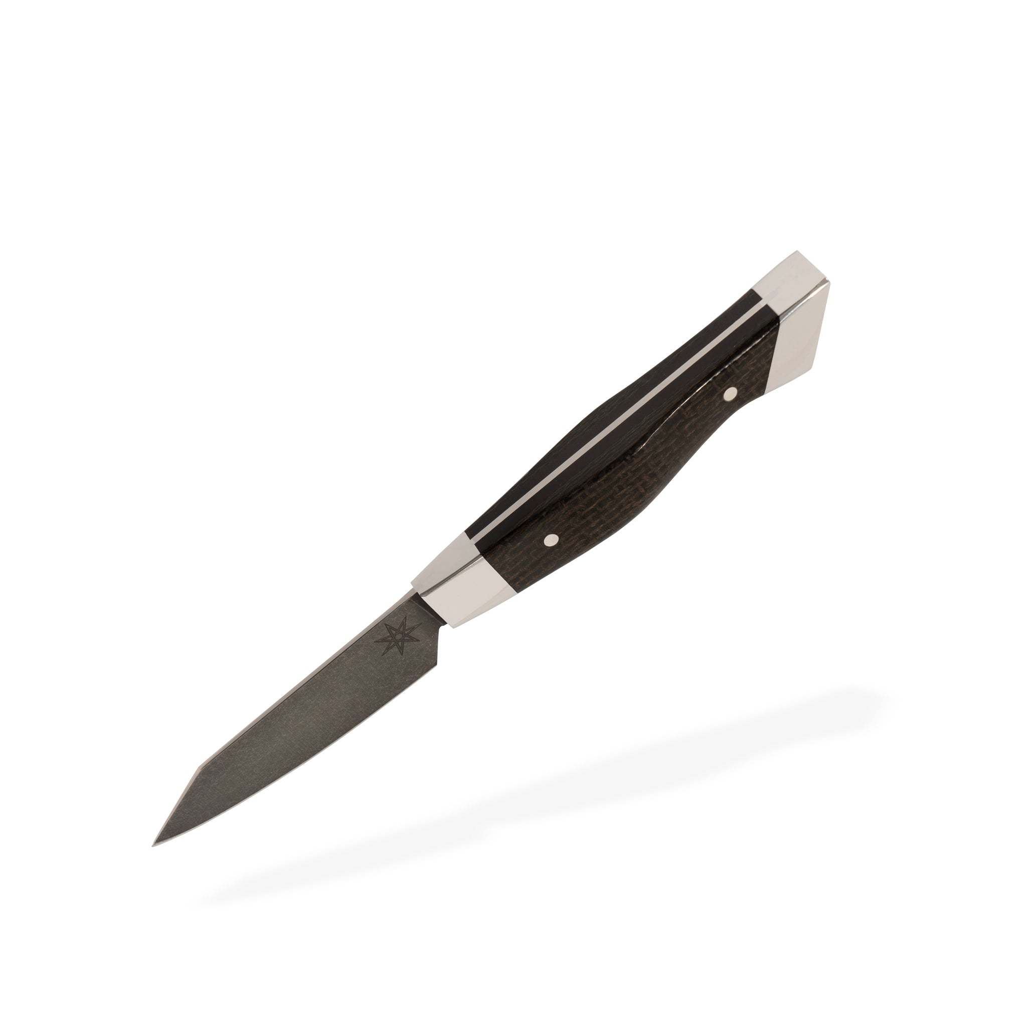 Detail photo of 3" Carbon Steel Paring Knife with Stonewash Finish Blade, Black Burlap Micarta Handle, Stainless Steel Bolster and Pommel by Town Cutler