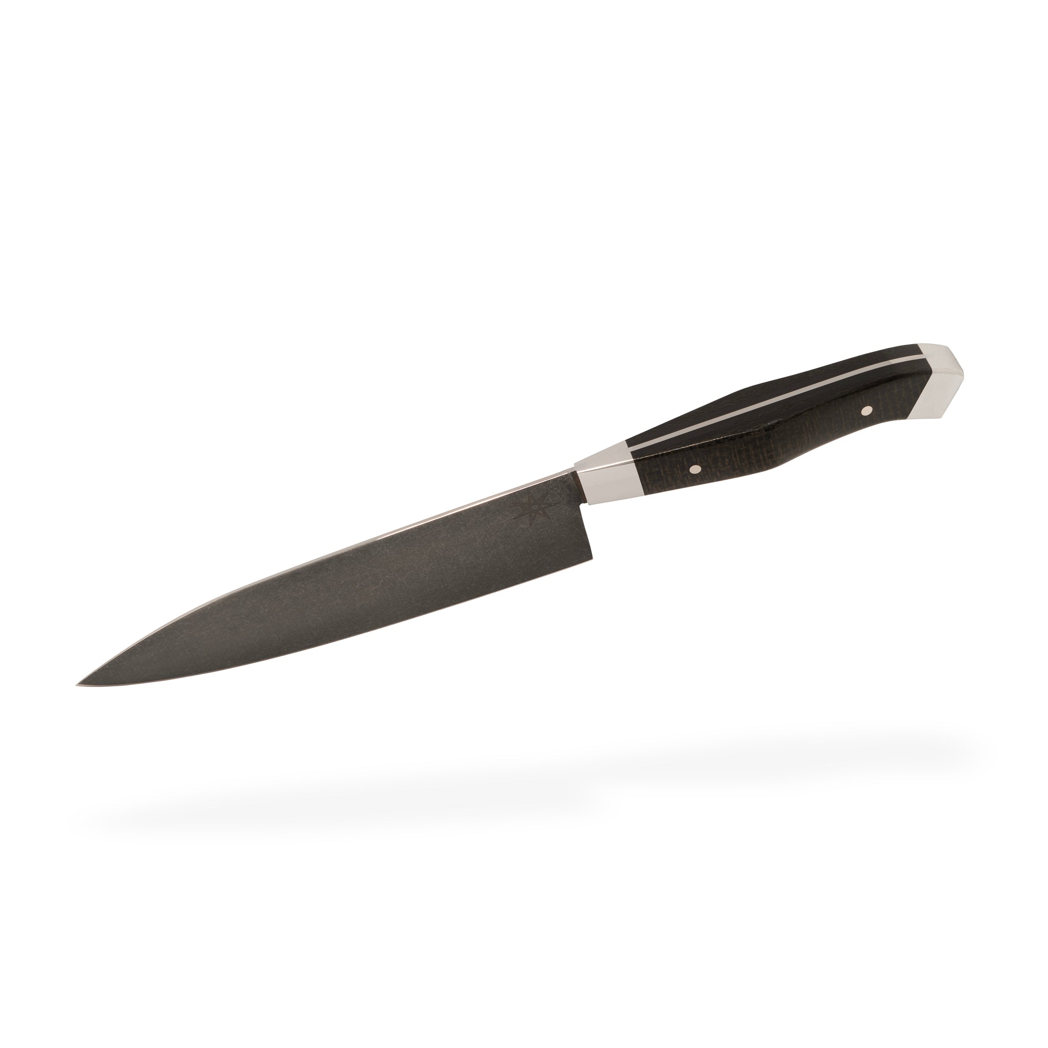 Detail photo of 6" Carbon Steel Utility Knife with Stonewash Finish Blade, Black Burlap Micarta Handle, Stainless Steel Bolster and Pommel by Town Cutler