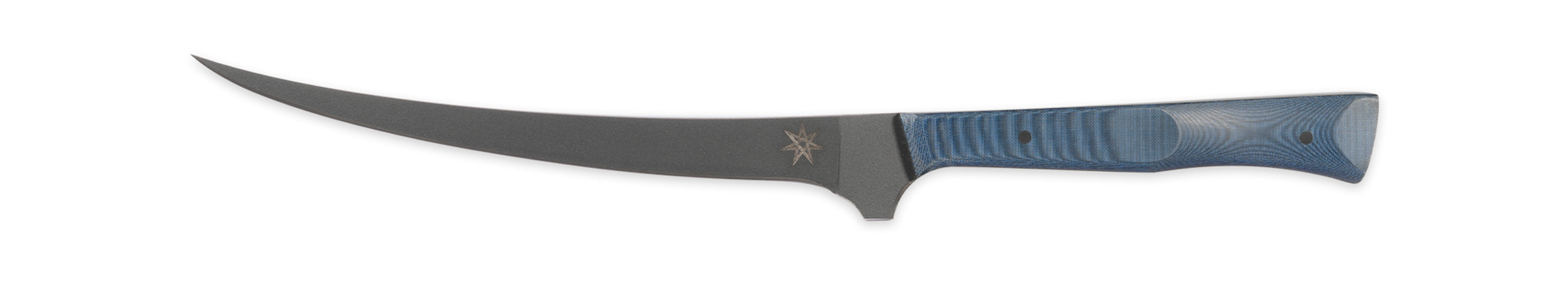 Photo of a curved boning knife with a blue handle on a white background.