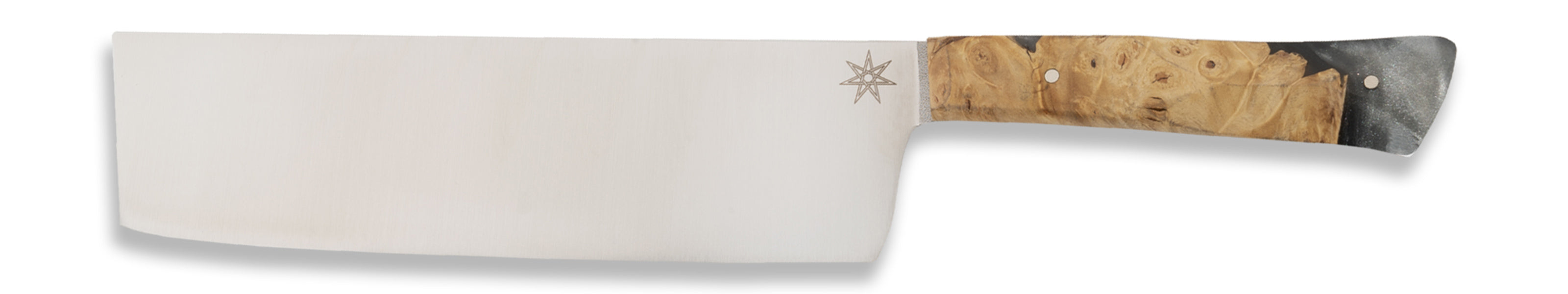 Stainless steel Ag 47 nakiri vegetable knife with buckeye burl and silver gray resin handle by Town Cutler. 