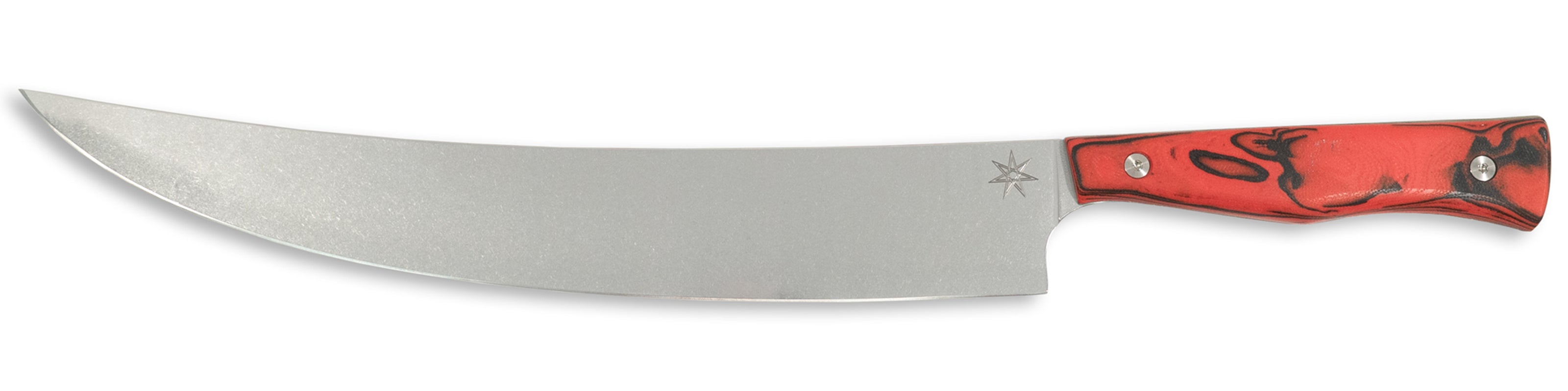 Town Cutler Culinary 2.0 scimitar butcher knife with red and black burl g-10 handle and stainless steel blade.