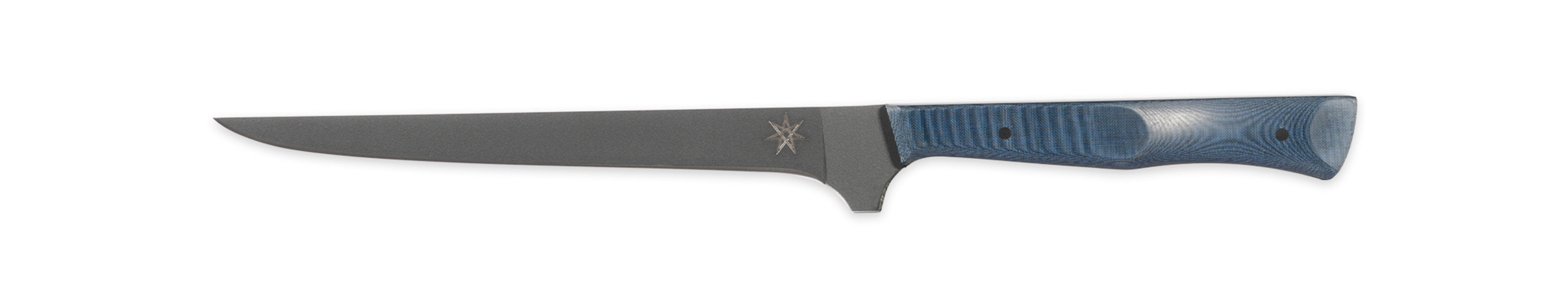 Stainless steel eXo Blue straight boning knife with blue linen micarta handle by Town Cutler. 