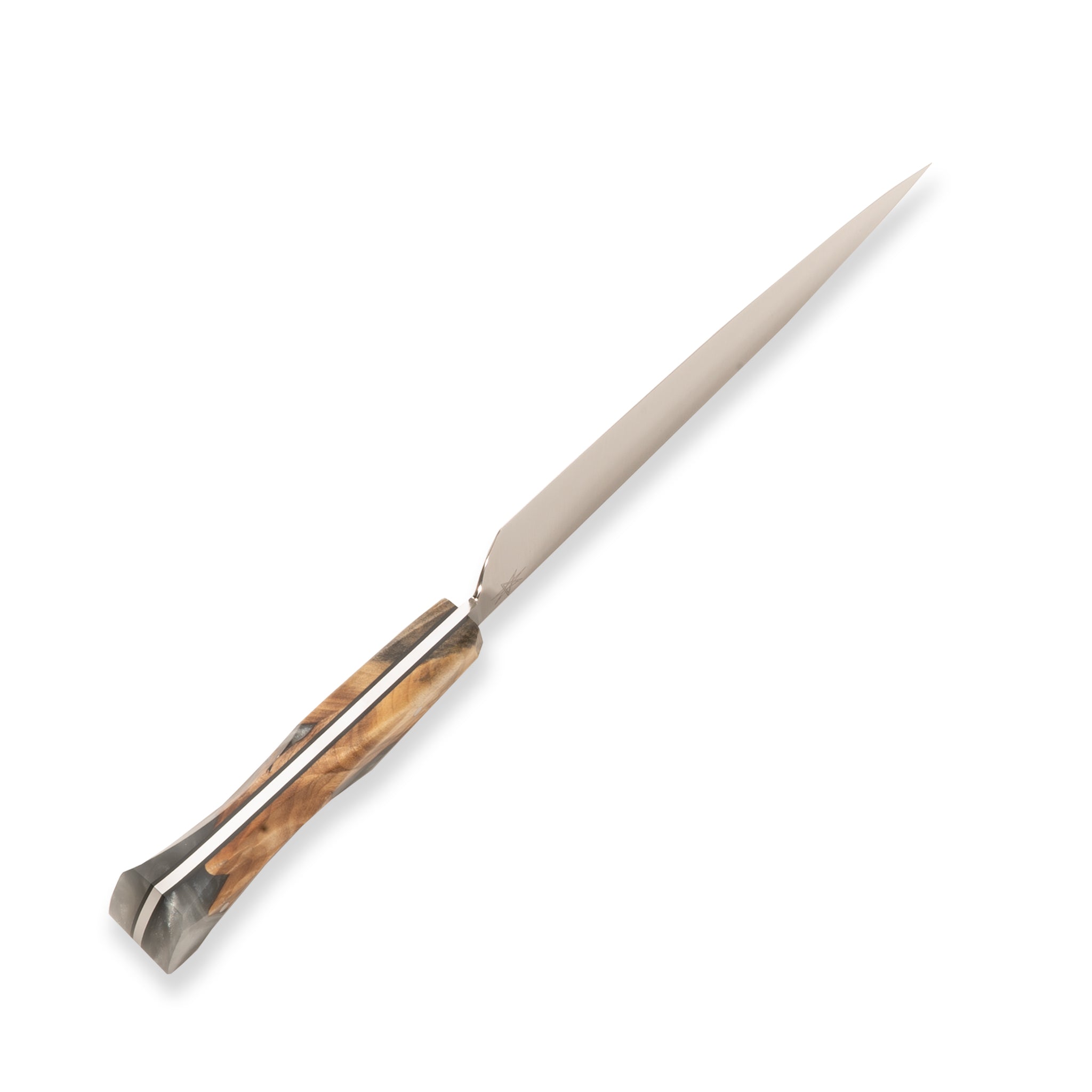 Detail photo of Town Cutler 7" chef knife with silver gray resin and wood handle.