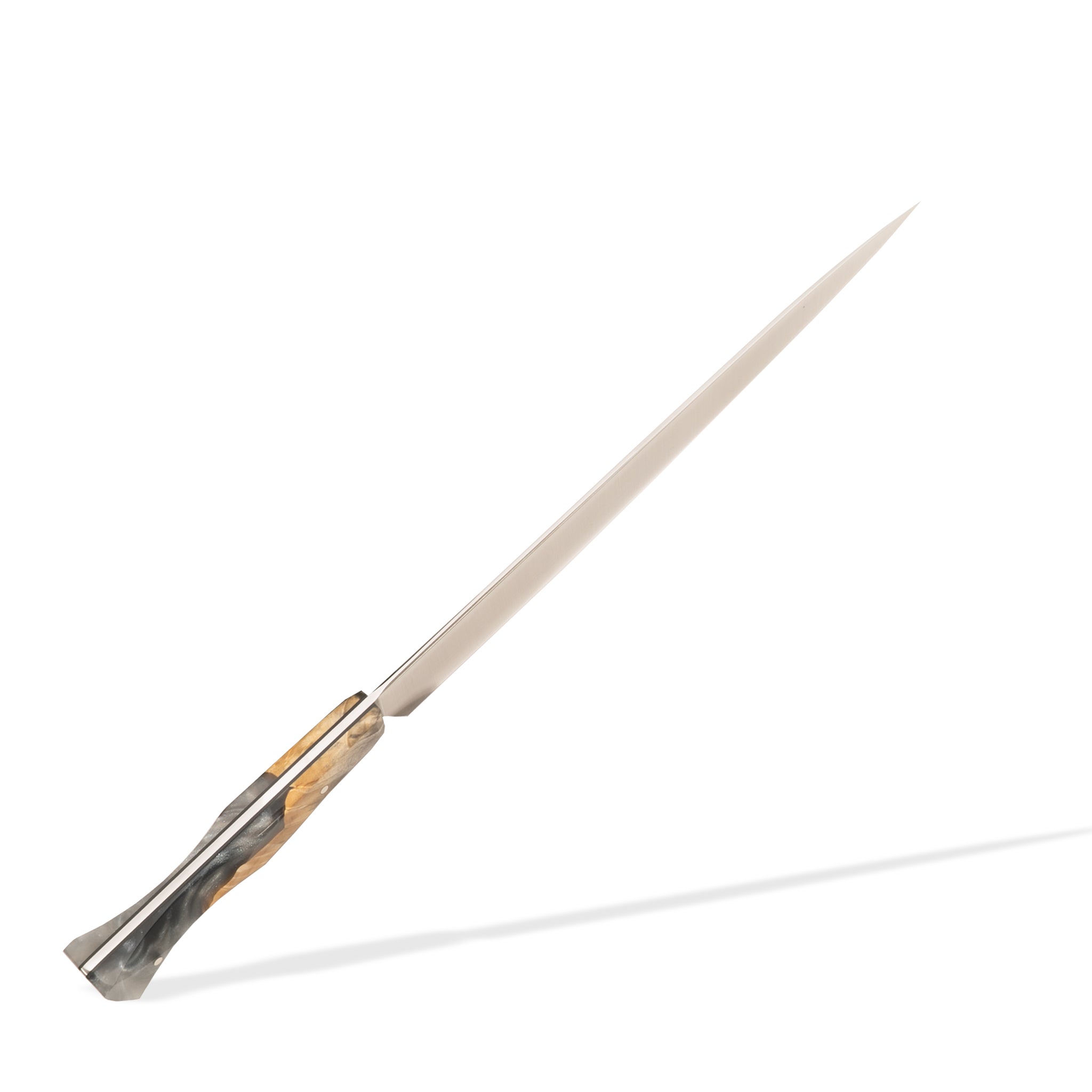 Detail photo of Town Cutler slicer carving knife with silver gray resin and wood handle.