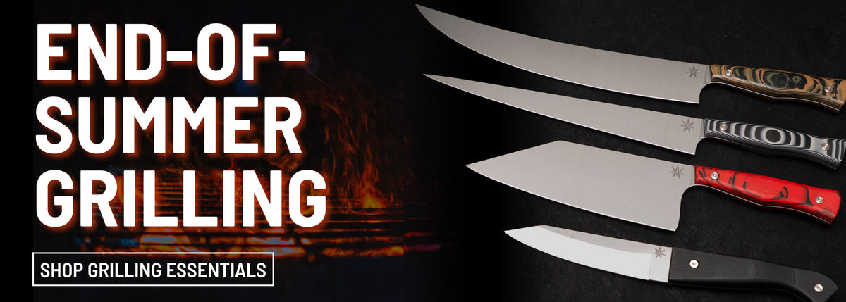 Promotional banner for summer grilling featuring four different stainless steel knives with black, brown, and red handles arranged on the right side, next to bold white text that reads 'END-OF-SUMMER GRILLING' and a smaller banner that says 'SHOP GRILLING ESSENTIALS' on a dark background.
